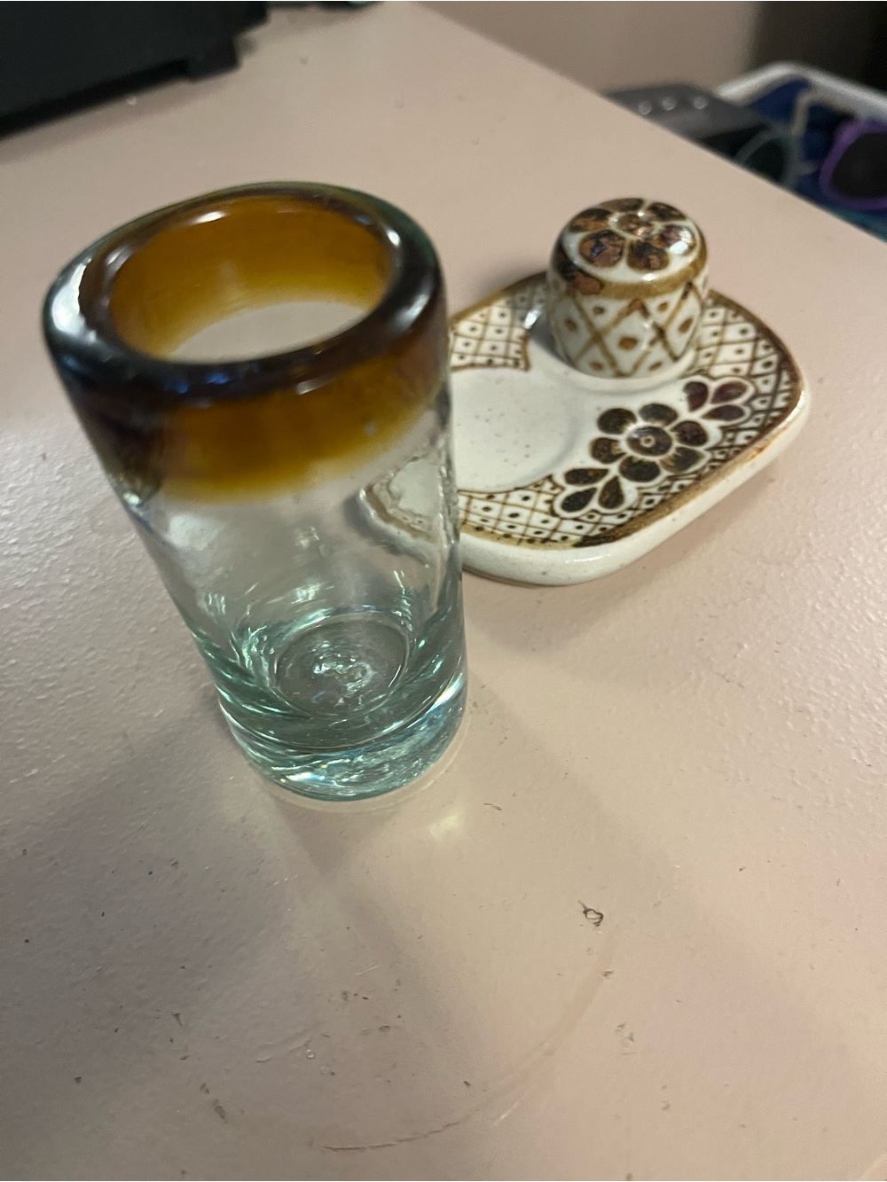 Tequila shot glass with salt shaker and holding tray. From Cozumel, Mexico